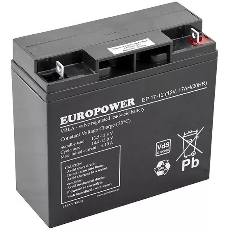 Suletud pliiaku AGM-aku europower EP seeria 12V 17Ah – kasutusiga 6–9 aastat