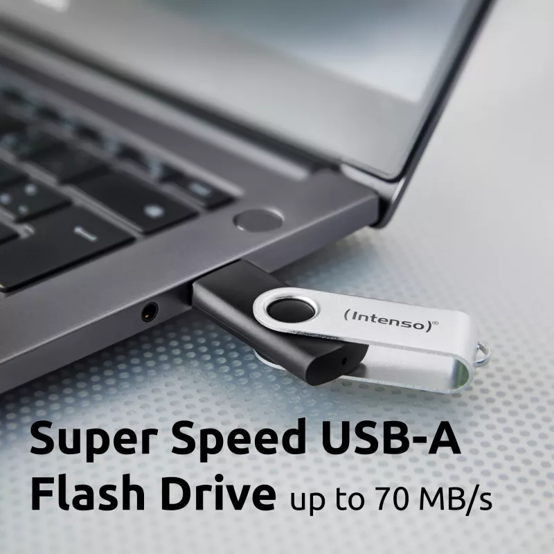 Intenso USB-mälupulk Office Line, 64 GB, USB-A, 3.2 Gen 1x1, must-hõbedane, 64 GB, USB-tüüp-A, 3.2 Gen 1 (3.1 Gen 1), pööratav rõngas, Must, Hõbedane