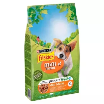 Kuiv koeratoit Purina Nestle FRISKIES Mini Menu kana köögiviljadega 1,5 kg — täiskasvanud väikestele tõugudele, 25% valku, 12% rasva