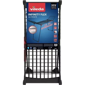 Pesukuivatusrest VILEDA Infinity Flex Ultimate Teleskoop — must, kaetud alumiinium, 30 m kuivatuspinda, kokkupandav, ratastega