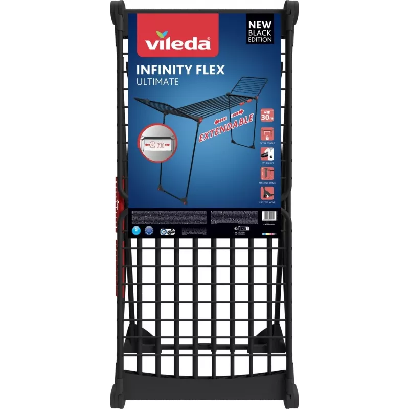 Pesukuivatusrest VILEDA Infinity Flex Ultimate Teleskoop — must, kaetud alumiinium, 30 m kuivatuspinda, kokkupandav, ratastega