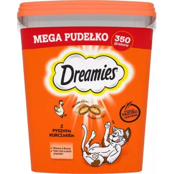 Maiustused Dreamies segumaitselised kana ja juustuga 350 g — krõmpsuv lihane suupiste täiskasvanud kassidele, valk 22%, rasv 22%