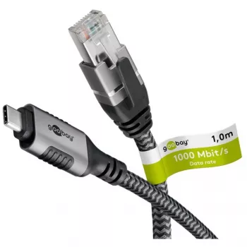Wentronic goobay - võrgukaabel - 24-pin USB-C (isane) RJ-45 (isane) - 1,0 m - 6 mm - FTP - CAT 6 - USB 3,1 - punutud kaabel - must, hõbedane (70696)