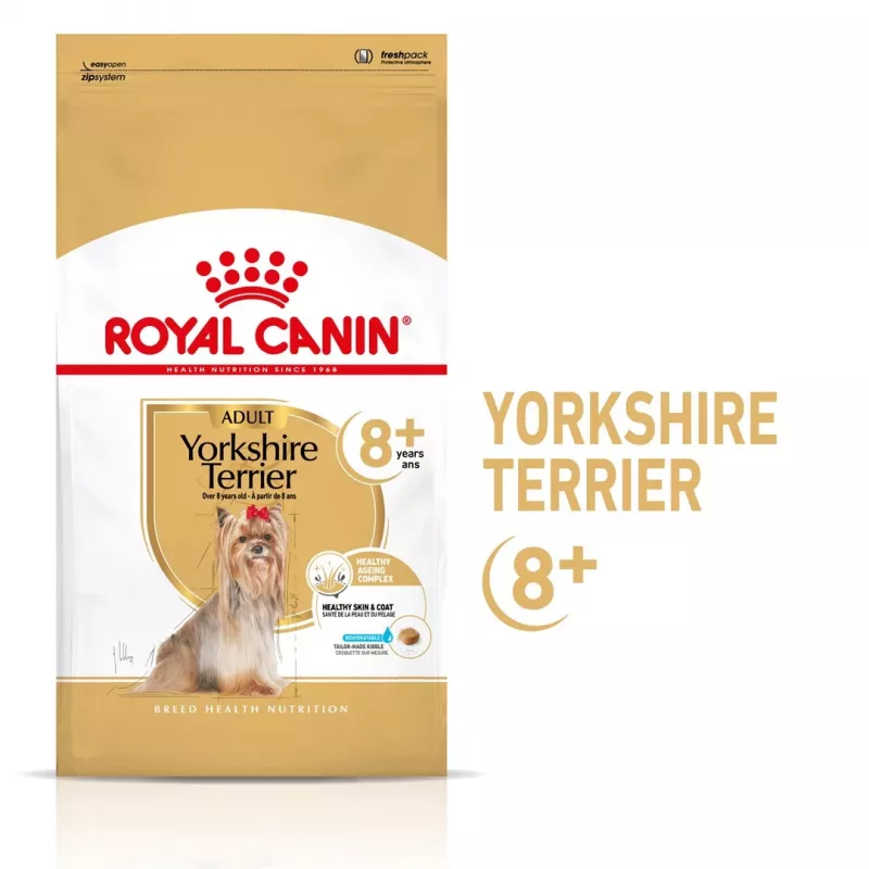 Kuiv koeratoit Royal Canin Yorkshire Terrier 8+ 1,5 kg — linnuliha, seeniorväikest tõugu, 29% valku, 18% rasva