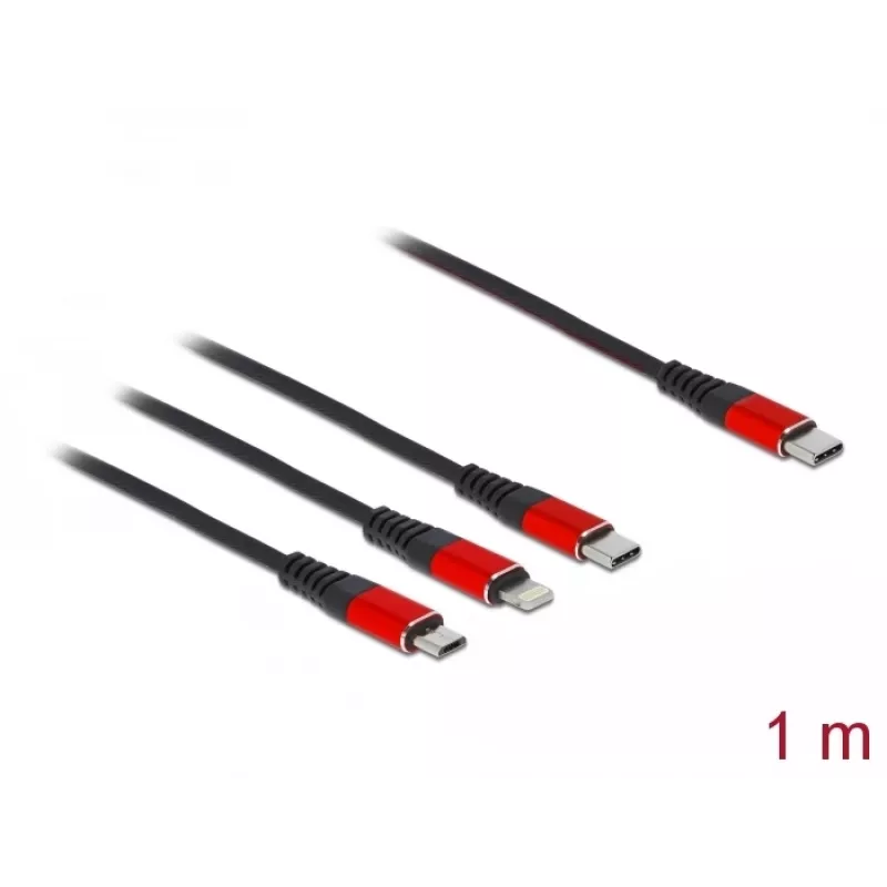 USB-laadimiskaabel DeLOCK 3-in-1 USB USB-C kuni Lightning, Micro USB, USB USB-C 1 m must, punane