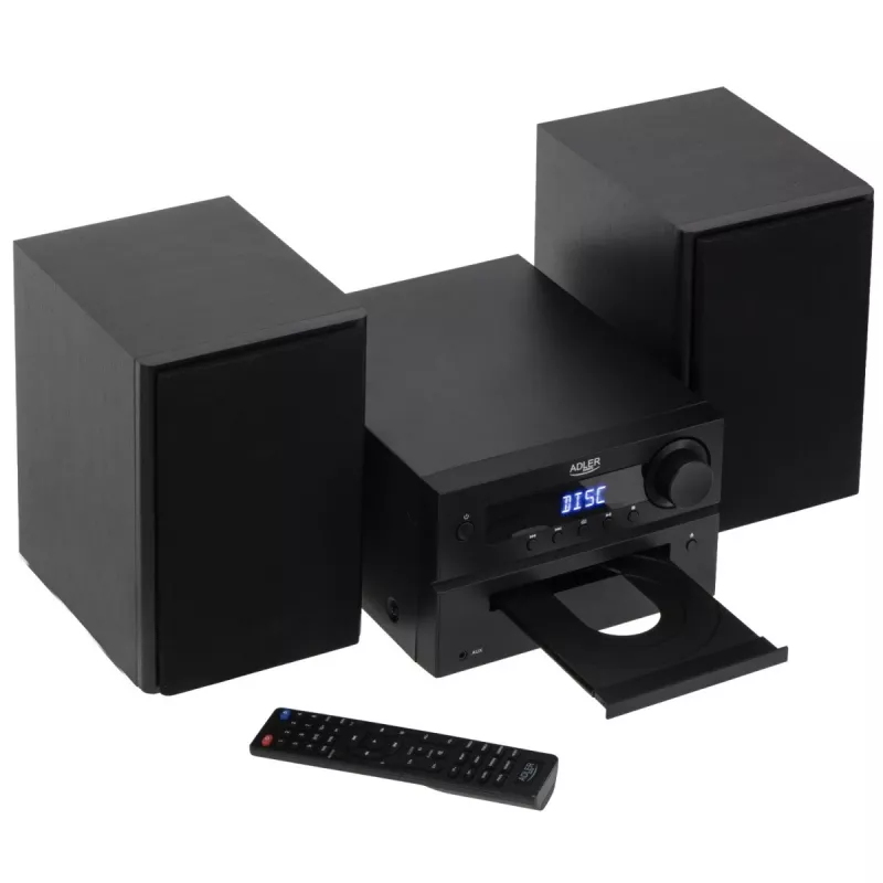 Mini Hi‑Fi stereosüsteem Adler AD 1917 — Bluetooth V5.3, CD/USB/MP3, 2×25W RMS, FM-tuuner, 4‑ribaline ekvalaiser, AUX, must