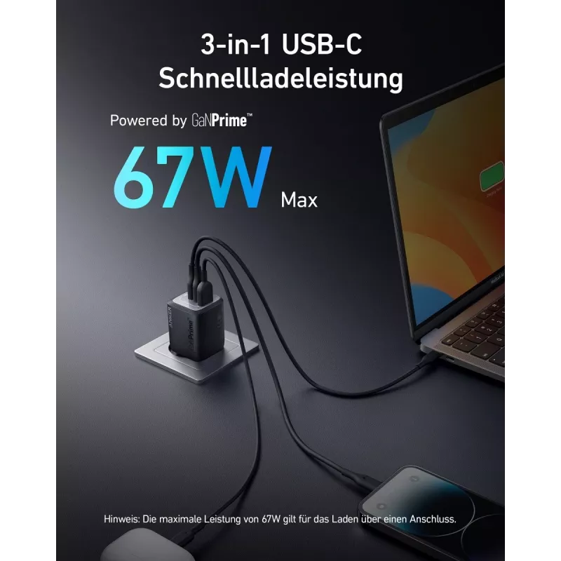 Siseruumides kasutatav USB-kiirlaadimislaadija Anker Prime A2669313 — 67 W, 1×USB-A, 2×USB-C, must