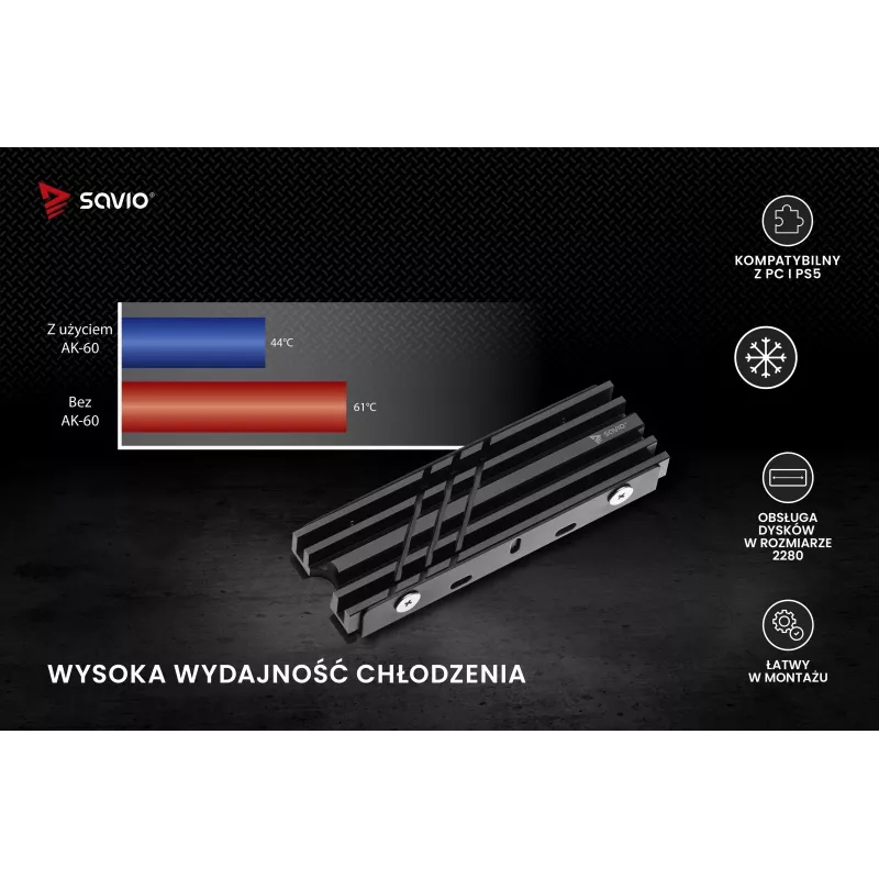 Õhkjahutus SAVIO M.2 NVMe 2280 AK-60 must jahutusradiaator 22x80 mm SSD-le