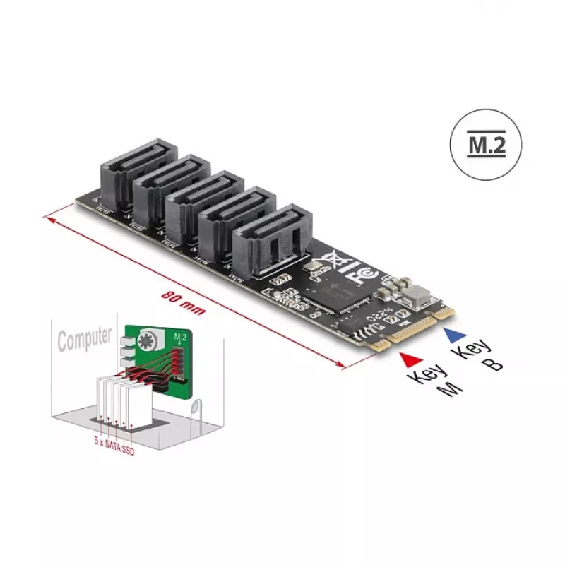 Sisemine SATA adapter DELOCK 64241 M.2 (Key B+M) kuni 5x SATA koos JMicron JMB585, LED-indikaatorid, arvutile