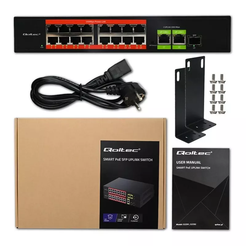 Ethernet PoE lüliti QOLTEC 16x RJ45, 2x RJ45 uplink, 1x SFP (MPN 52291)