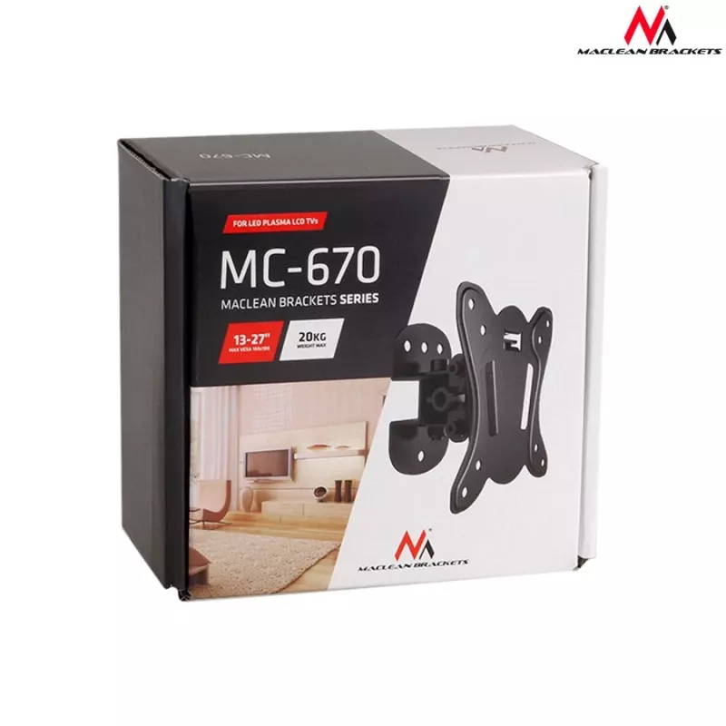 Postikinnitusklamber MACLEAN MC-670 — reguleeritav, toetab kuni 20 kg, VESA 100x100, 13–27-tollistele monitoridele, must