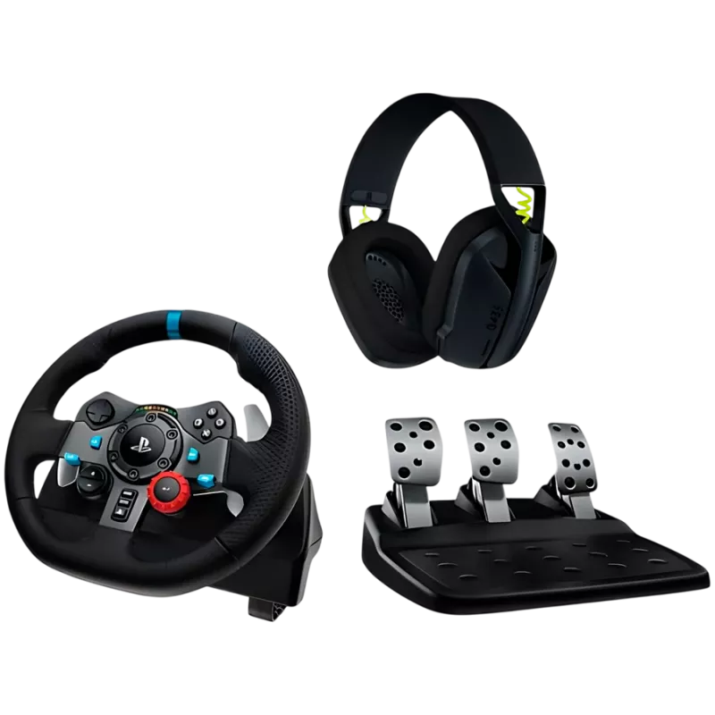 LOGITECH G29 EU + G435 Must mängukontroller Alumiinium Must USB rool + pedaalid + kõrvaklapid PC