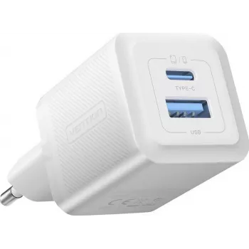 Vention 30W - GaN-tehnoloogiaga laadija, 1x USB-A, 1x USB-C (valge)