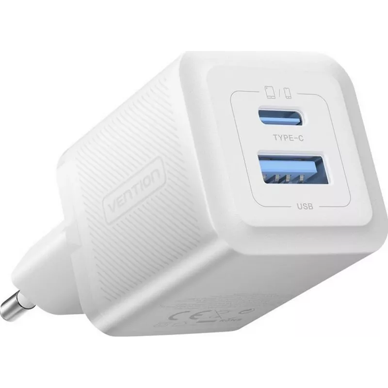 Vention 30W - GaN-tehnoloogiaga laadija, 1x USB-A, 1x USB-C (valge)
