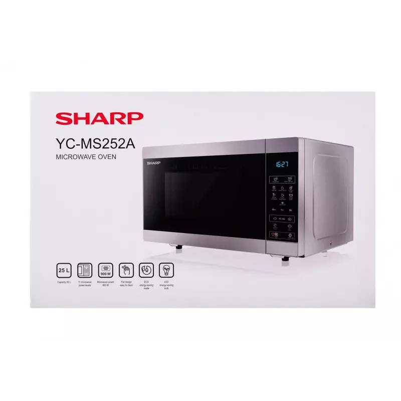 Mikrolaineahi Sharp YC-MS252AE-S, lauaplaadile, 900 W, 25 L, 11 võimsustaset, puutjuhtimine, hõbedane