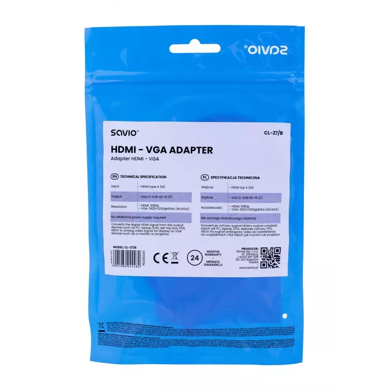 Savio CL-27B videokaabli adapter 0.1 m HDMI Type A (Standard) VGA (D-Sub) valge