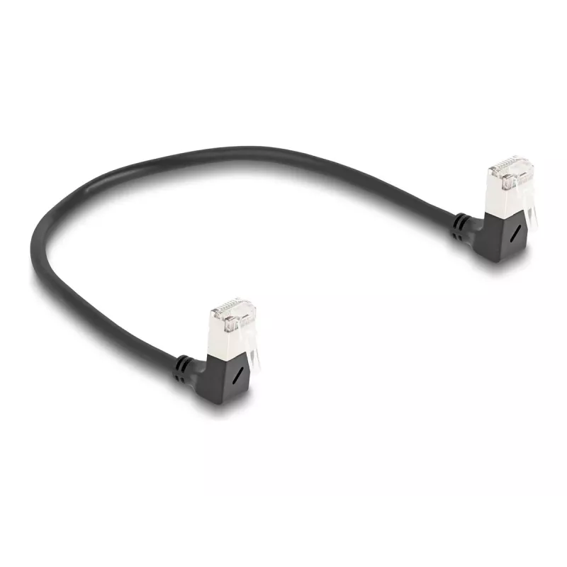 DeLOCK RJ45 võrgukaabel Cat.6A S/FTP õhuke 90° allapoole 0,25 m must