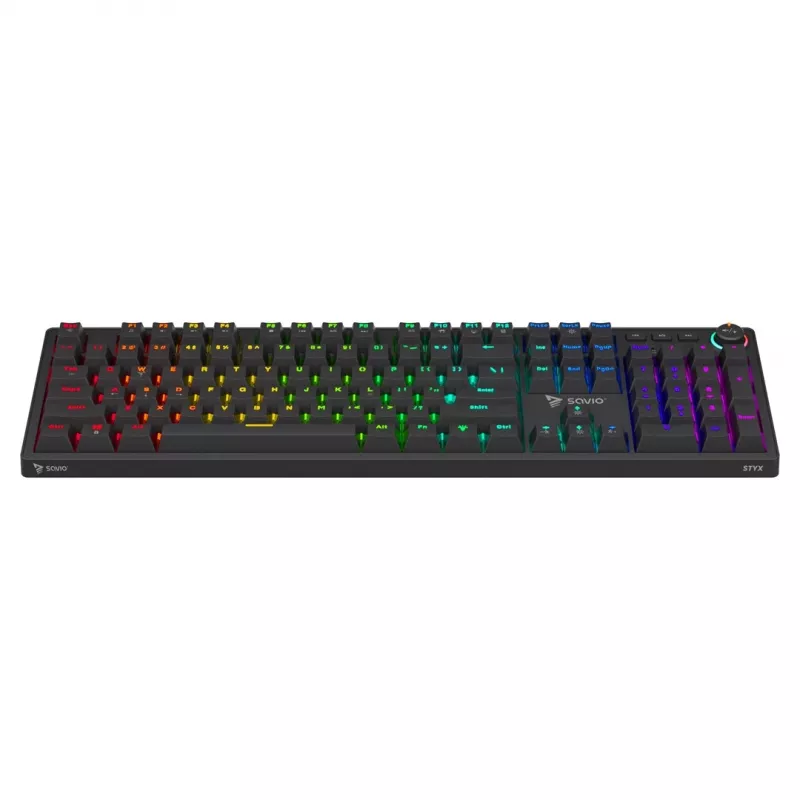 Mänguklaviatuur SAVIO STYX BROWN — mehaaniline Outemu Brown, QZERTY US International, RGB, USB, täissuuruses 104 klahvi, must