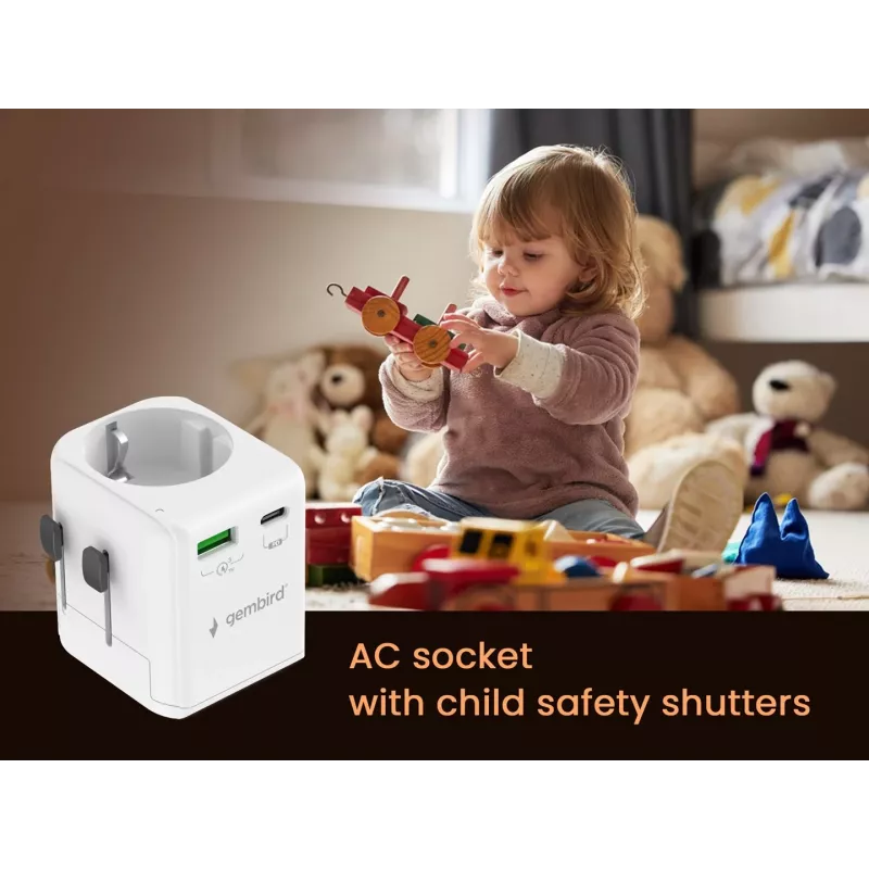 Reisiadapter GEMBIRD TPA-EU1A1C20-01-W 20W, USB-A 18W + USB-C 20W, Schuko pistikupesa, sisend 100–250V