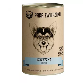 Märg koeratoit PAKA ZWIERZAKA Game and Salmon 400 g — konserveeritud täiskasvanud koeratoit, ulukiliha ja lõhe, valk 10,4%, rasv 6,9%, niiskus 76%