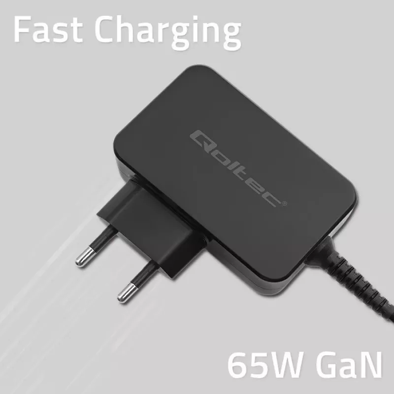 Qoltec 52386 GaN POWER PRO laadija | 1xUSB-C | 65W | 5-20V | 3-3.25A | Must
