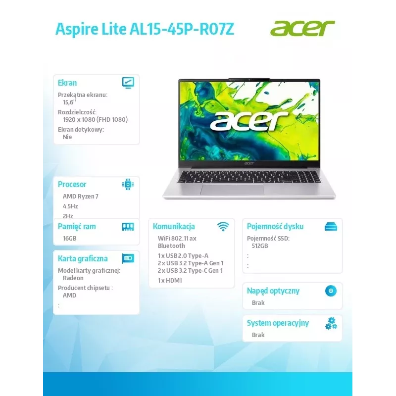 Sülearvuti Acer Aspire Lite Ryzen 7 5825U, 15,6-tolline FHD-ekraan, 16 GB muutmälu, 512 GB SSD