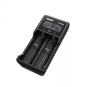 Akulaadija XTAR VC2SL — USB 5V 1A, LCD, laeb 2 elementi, ühildub Li‑Ion/NiMH/NiCd, suurused A/AA/AAA/AAAA/C/D/SC, must