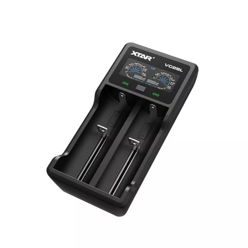 Akulaadija XTAR VC2SL — USB 5V 1A, LCD, laeb 2 elementi, ühildub Li‑Ion/NiMH/NiCd, suurused A/AA/AAA/AAAA/C/D/SC, must