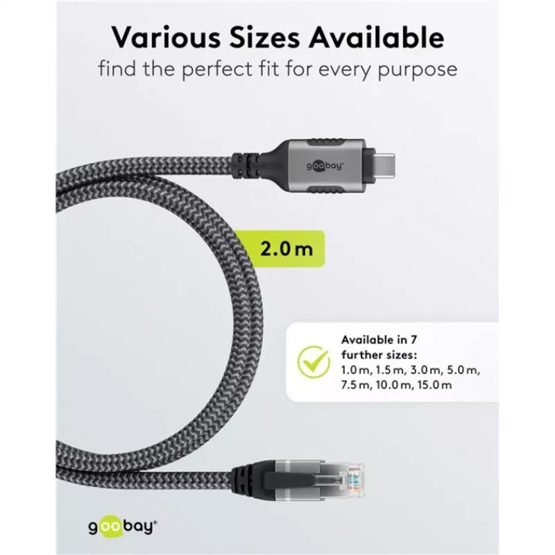 Ethernet-kaabel USB-C 3.2 Gen2 pistik > RJ-45 pistik, LAN-adapter must/hõbedane, 2 meetrit, põimitud tekstiilist ümbris