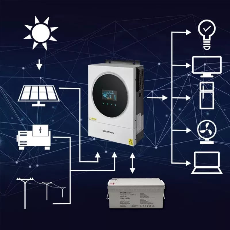 Qoltec, pingemuundur, hübriidpäikeseinverter Off-Grid 4kVA 4kW 120A MPPT LCD Wi-Fi BMS Sinus