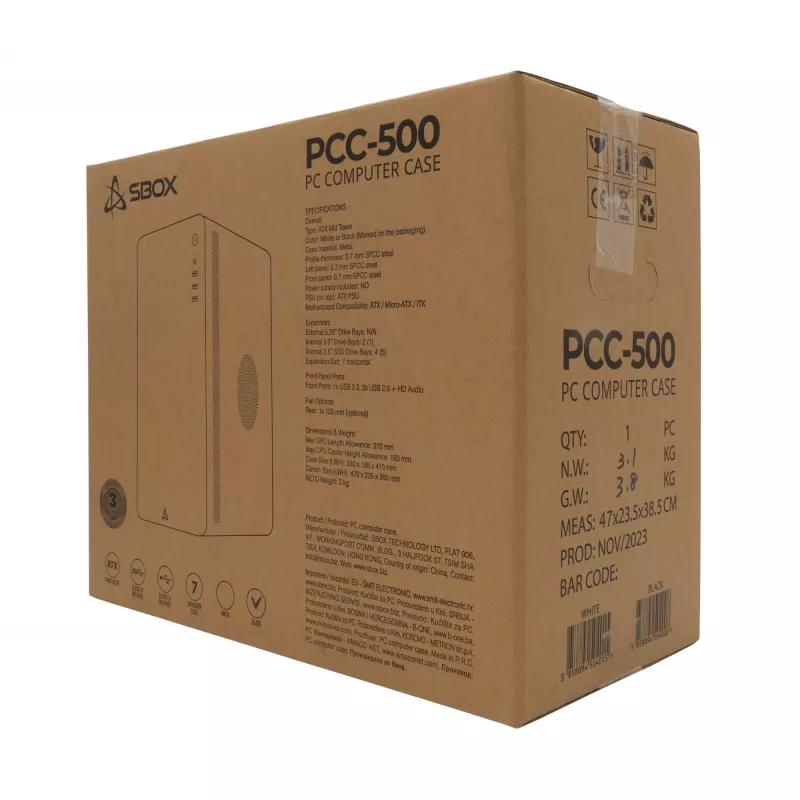 Arvutikorpus Sbox PCC-500 Must ATX