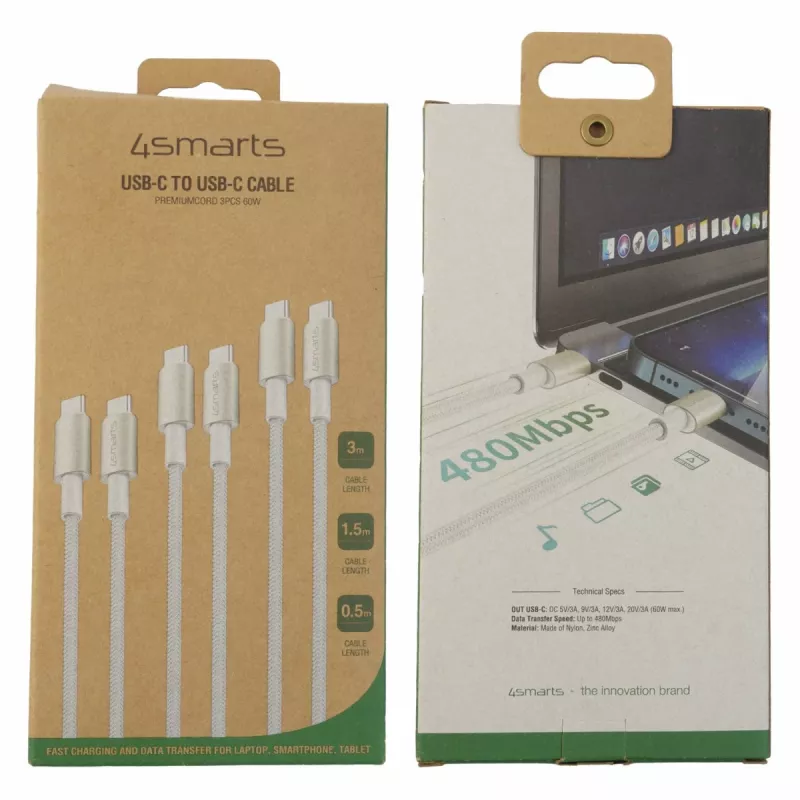 4smarts USB-C to kaabel PremiumCord 60W 3er Set 0.5m+1.5m+3m Valge - Hõbedane, Valge - 3er (540621)