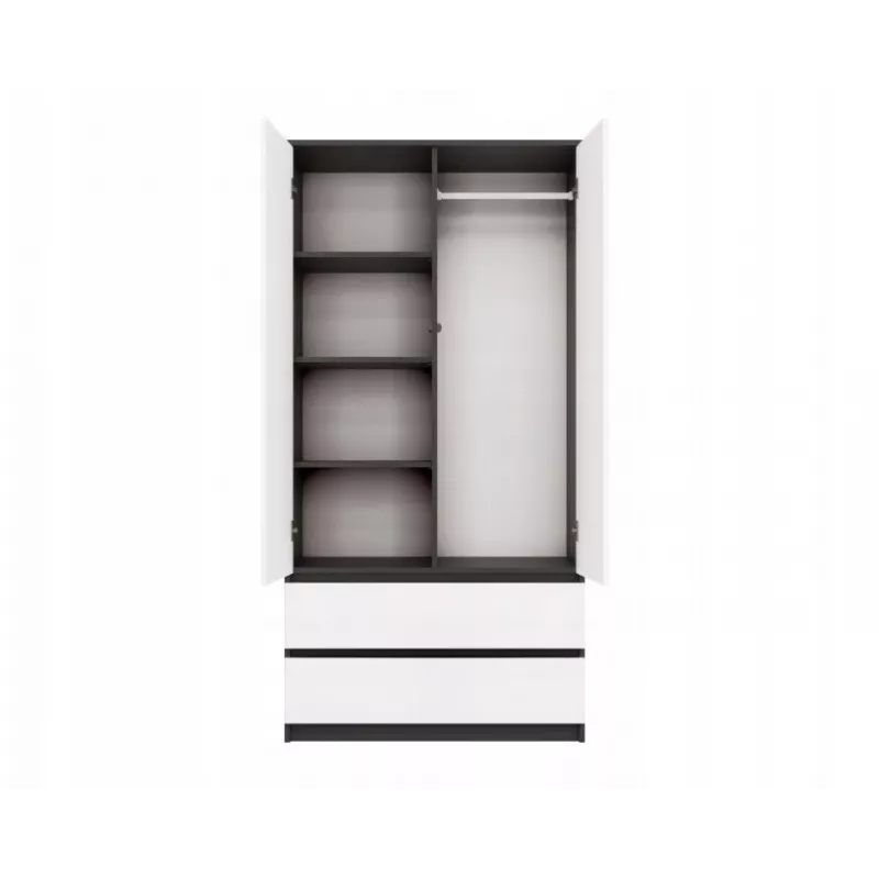 Rõivakapp top e shop MALWA SS-90, 90×180×50 cm, antratsiitkarkass, valged hingedega uksed, 2 sahtlit, laminaat 16 mm