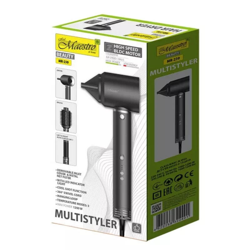 Multistyler 3in1 juuksehoolduskomplekt Maestro MR-230 — föön, föön-hari ja automaatne lokiraud, 1200 W, BLDC mootor, 3,5 cm lokk, 2 kuumusastet, must
