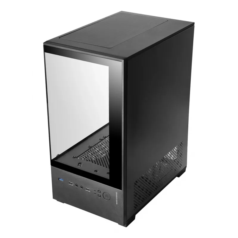 Mini Tower PC korpus TACENS Mars Gaming MC-SE2 — Mini-ITX / Micro-ATX, must, külgaken, alumine toiteplokk, toetab 2x2,5 tolli + 1x3,5 tolli