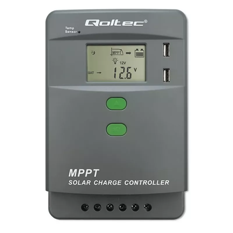 MPPT päikeselaadimiskontroller QOLTEC 10A 12V/24V süsteemidele LCD-ekraaniga