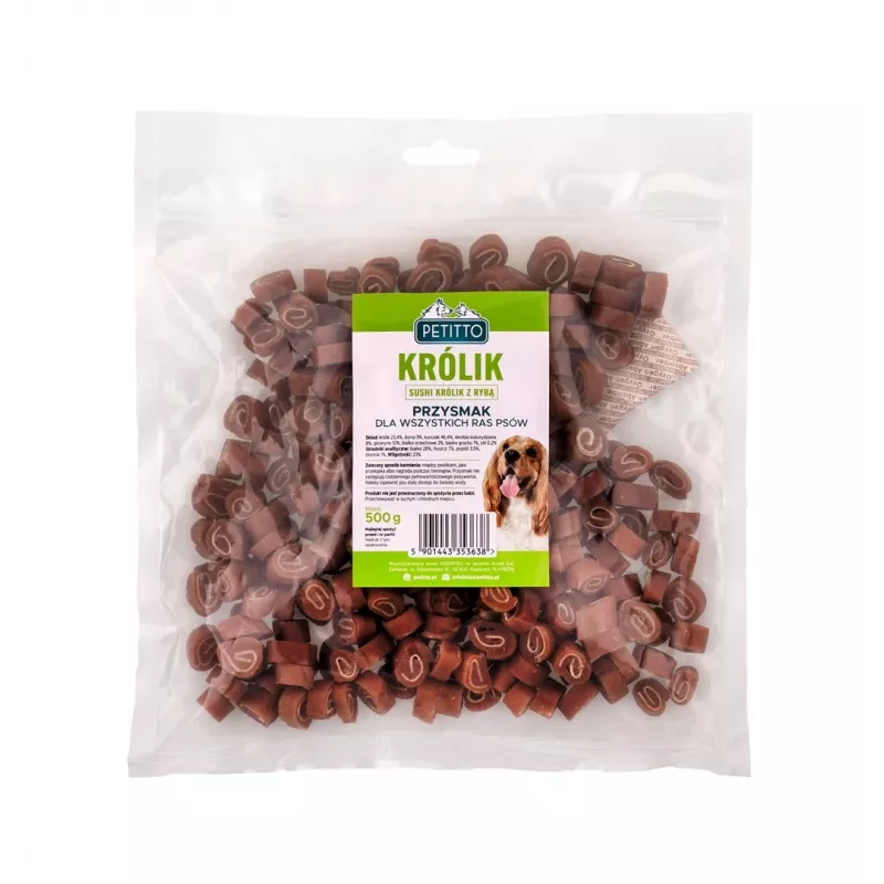 Koerte treeningumaiused PETITTO Sushi küülik kalaga 500 g, valk 28%, rasv 7%, niiskus 23%