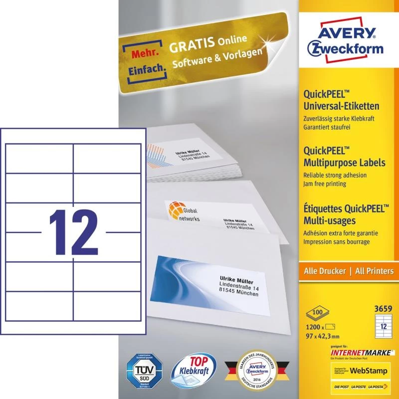 Avery 3659 isekleepuv silt Ristkülik Püsiv Valge 1200 tk