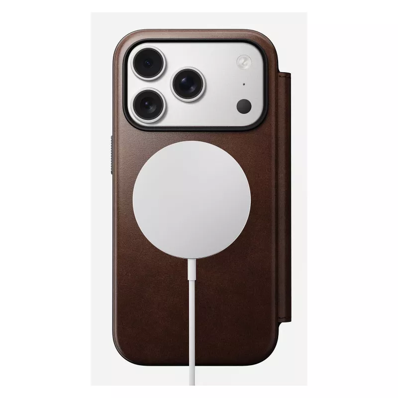 Mobiiltelefoni ümbris Nomad Modern Leather Folio iPhone 17 Pro jaoks, nahk/alumiinium, 16 cm (6,3 tolli) pruun, 4 kaarditaskut