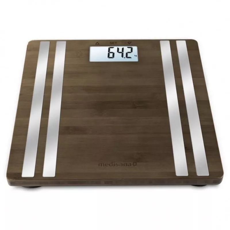 Elektrooniline isiklik kaal Medisana BS 552 — hõbedane bambuspealispinnaga, max 180 kg, 100 g täpsus, Bluetooth, KMI, keha koostis