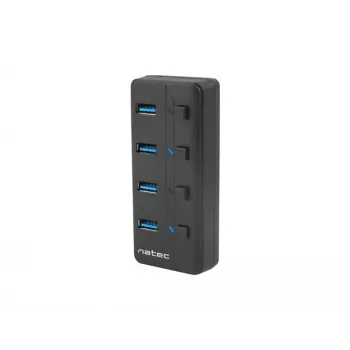 USB-jaotur NATEC MANTIS USB 2.0 Type-B — 4x USB 3.2 Gen 1 Type-A porti, must, 0,8 m kaabel, vahelduvvooluadapter, toitelüliti
