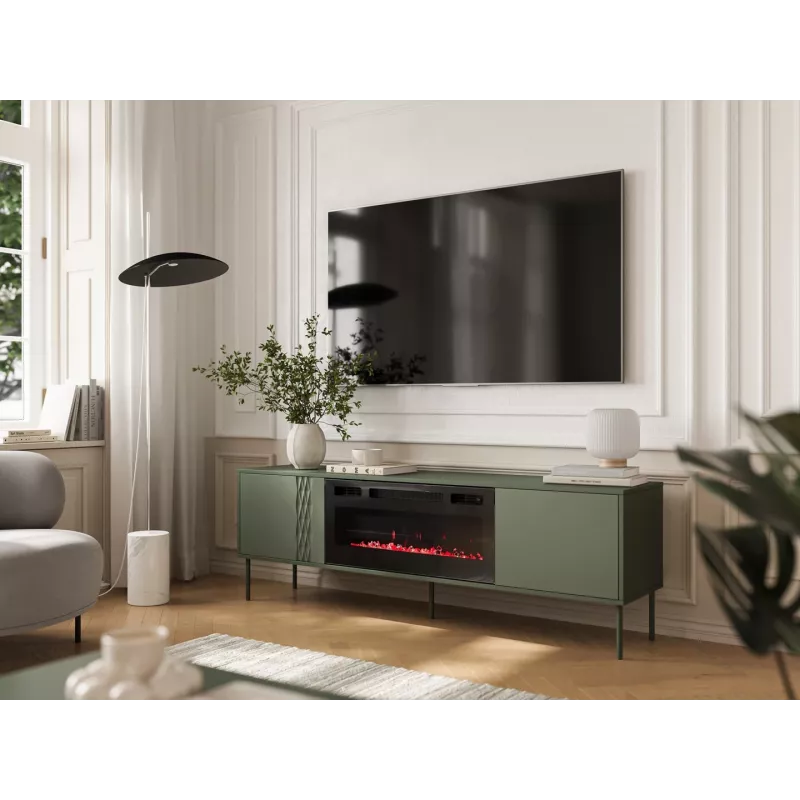 Cama Meble TV-kapp kaminaga TRESSE 180x40x54,5 cm — matt roheline pealispind, puitlaastplaat