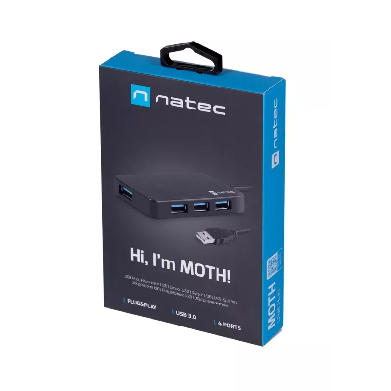USB-jaotur NATEC Moth 4-pordiline USB 3.2 Gen 1 Type-A (5000 Mbit/s), USB-toitega, must, 0,15 m kaabel