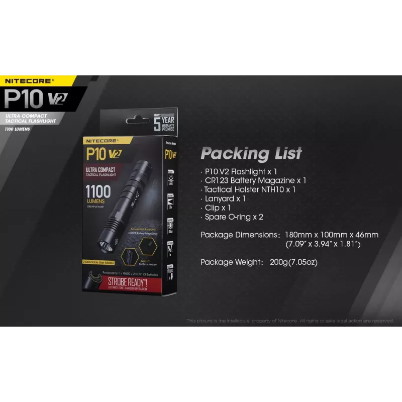 Taktikaline taskulamp Nitecore P10 V2 — 1000 lm, IP68 veekindel, põrutuskindel, 95 g, 18650/CR123 ühilduv