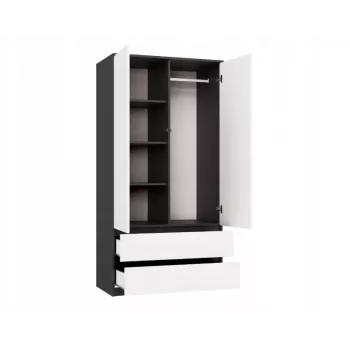 Rõivakapp top e shop MALWA SS-90, 90×180×50 cm, antratsiitkarkass, valged hingedega uksed, 2 sahtlit, laminaat 16 mm