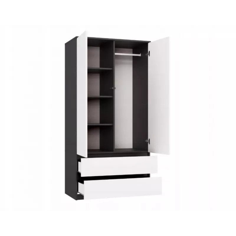 Rõivakapp top e shop MALWA SS-90, 90×180×50 cm, antratsiitkarkass, valged hingedega uksed, 2 sahtlit, laminaat 16 mm