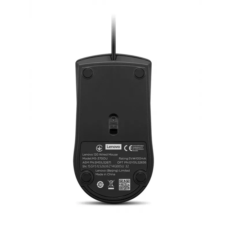 Lenovo 120 juhtmega USB-A hiir — must, mõlemakäeline, 1600 DPI, 3 nuppu, 1,5 m kaabel