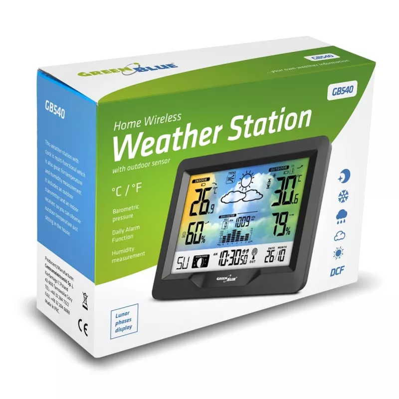 Hygrometer Thermometer GreenBlue GB540 — indoor 0–50°C / outdoor -20–65°C, DCF kell, väliandur 60 m, must