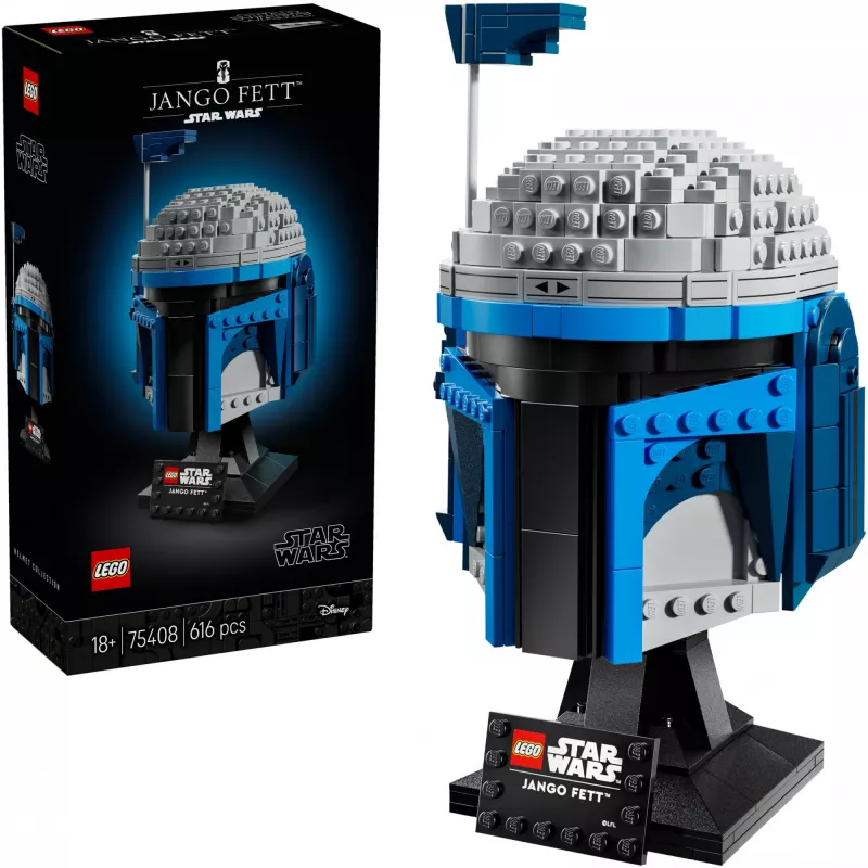Kogutav LEGO Star Wars kiivri aksessuaar Jango Fett 75408 — 616 tükki, 210×120×110 mm väljapanekumudel