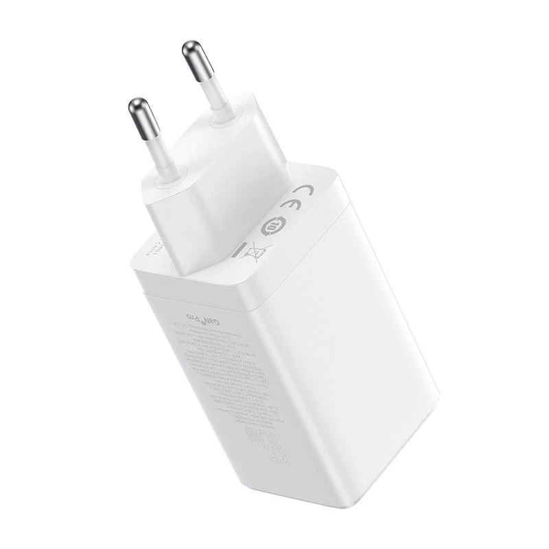 Seinakallija Baseus GaN5 Pro 65W — USB + 2×USB-C (QC3.0, PD3.0) koos 1 m USB-C kaabliga, valge